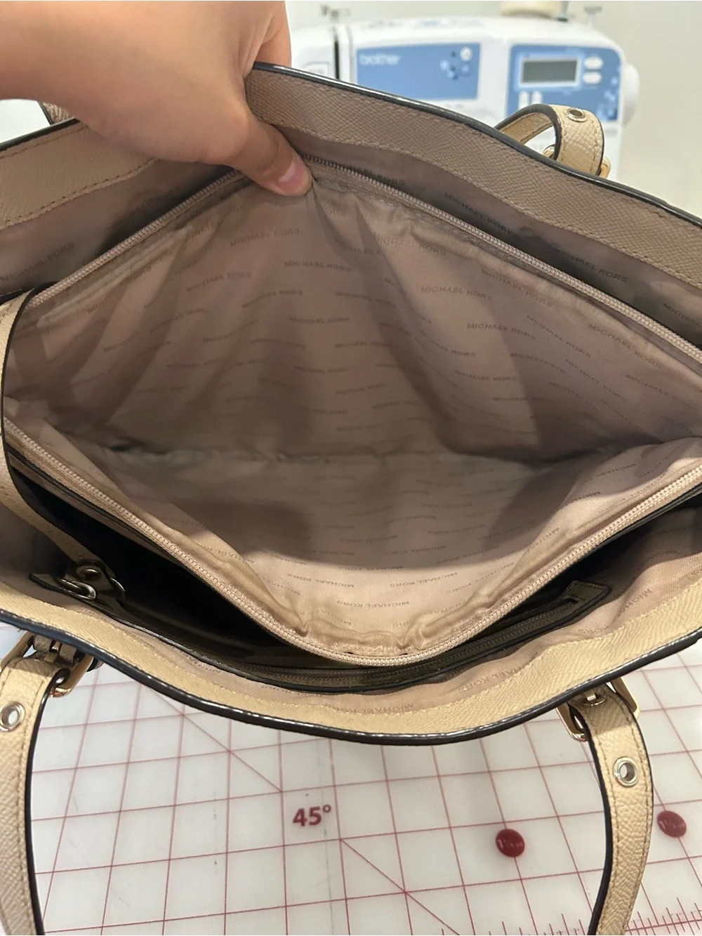 Michael Kors Tan Leather Tote with Black-and-White Scarf